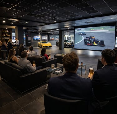 Guests enjoy drinks at a luxury automotive club lounge while watching racing on a large projection screen.