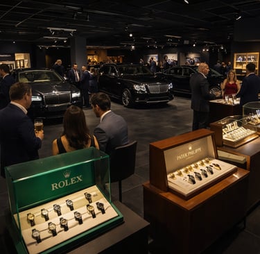 Luxury event featuring Rolex and Patek Philippe watches displayed near high-end cars in a boutique.