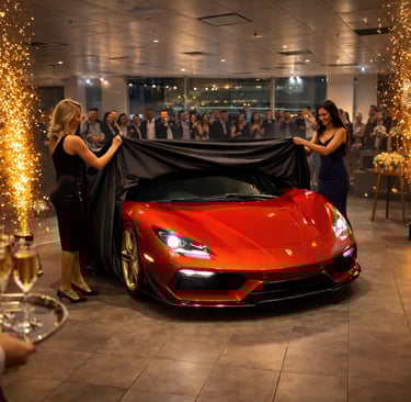 Red luxury supercar reveal event with sparklers and models unveiling the vehicle for a crowd.