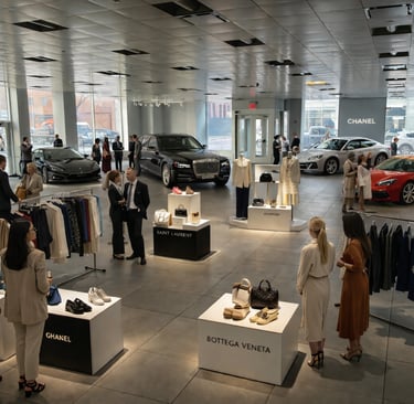 Luxury fashion showroom featuring designer brands, luxury cars, and elegant shoppers in a modern retail space.