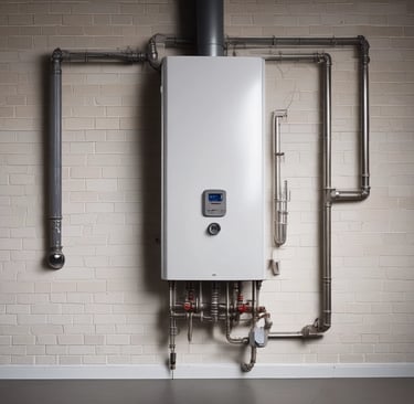 Close-up of a boiler system being serviced by a professional in a residential setting.
