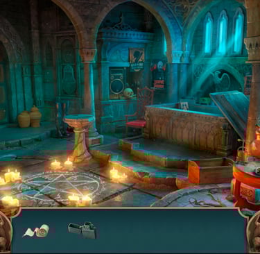 Candlelit gothic chamber hidden-object scene in Gwen Black: Cemetery Gate