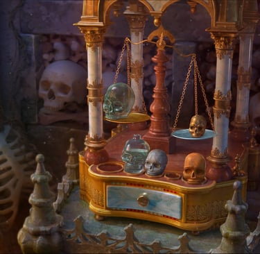 Skull shrine puzzle scene from Gwen Black: Cemetery Gate mystery adventure