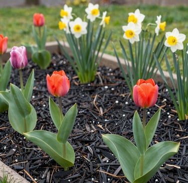 A friendly mulch delivery truck parked in a sunny suburban yard with freshly spread brown mulch around flower beds.