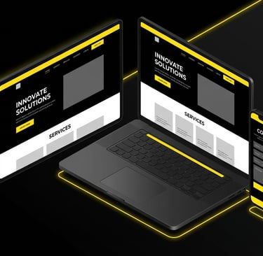 Responsive website design displayed on laptop, tablet, and mobile devices with a modern black and ye