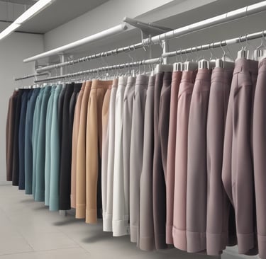 Plus size model styled in elegant pants with subtle pastel background indoors