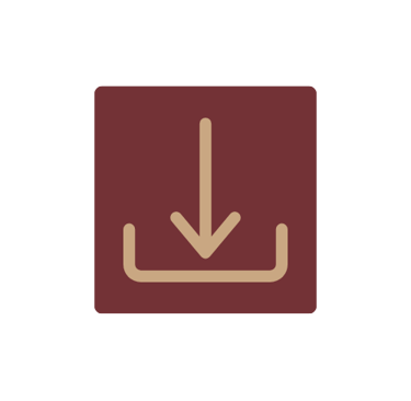 Download icon featuring a gold arrow pointing down into a bracket on a maroon square background.