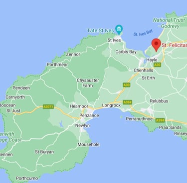 Map showing location of Phillack runestone in Cornwall