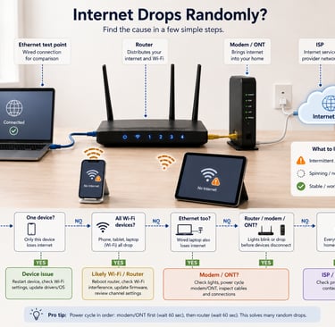 Internet drops randomly troubleshooting diagram showing device, Wi-Fi, router, modem or ONT, Ethernet, and ISP checks.