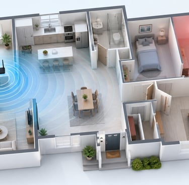 Home Wi-Fi dead zone shown on a house floor plan with weak signal in one room.