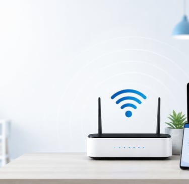 Home router and phone showing slow Wi-Fi troubleshooting guide
