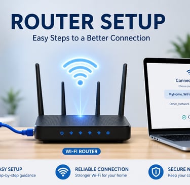 Home router connected to a modem with a Wi-Fi setup screen on a laptop.