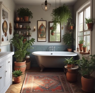 A cozy living room corner with layered rugs, woven baskets, and warm-toned cushions bathed in soft natural light.