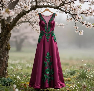 An enchanting high-fashion photograph of a bespoke deep magenta silk gown adorned with forest green embroidery, hanging from the branch of a flowering tree in a sun-drenched, misty meadow. Western / Global style.