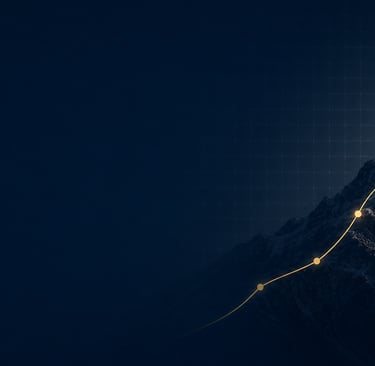 A glowing upward arrow graph climbing a mountain peak symbolizing business growth and success.