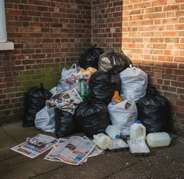 A pile of household rubbish waiting to be disposed of.