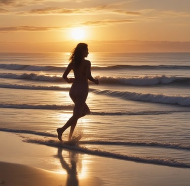 An active woman jogging along a beach at golden hour, wearing chic athleisure with a natural, healthy glow.