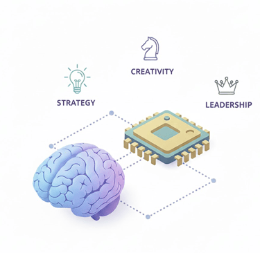 A minimalist 3D isometric illustration showing a human brain and a microchip connecting. Icons aroun