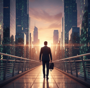 A professional person confidently walking towards a glowing digital horizon of a modern city. Symbol