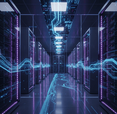A visually stunning, futuristic server room filled with glowing racks of AI servers. Holographic dat