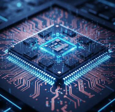 A close-up, intricate shot of a modern semiconductor chip (GPU) with glowing circuitry. Macro photog