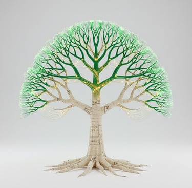 A clean, minimalist 3D rendering of a family tree where the branches turn from paper-textured (old)