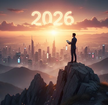 A person standing on a mountain peak at sunrise, looking over a modern skyline. The year "2026" subt
