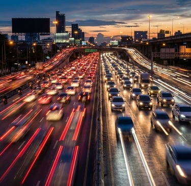 imagem de uma rodovia ao cair da noite muito movimentada