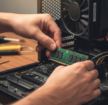 Imagem de um técnico fazendo upgrade de memória em um computador.