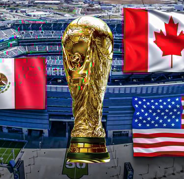 The flags of the three host countries of the 2026 FIFA World Cup with the trophy