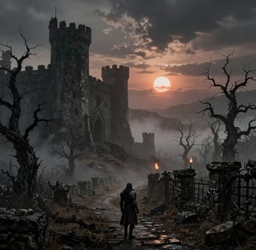A dark fantasy knight approaches a gothic castle ruins at sunset surrounded by spooky dead trees.