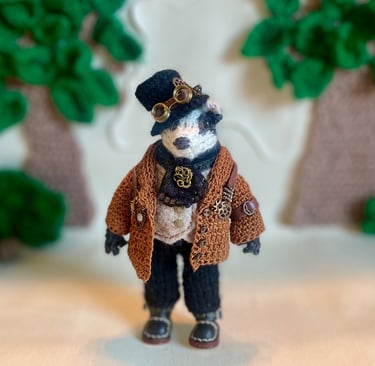 A handmade little knitted badger ornament wearing steampunk clothes 