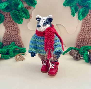 A little knitted badger ornament wearing a sweater and boots