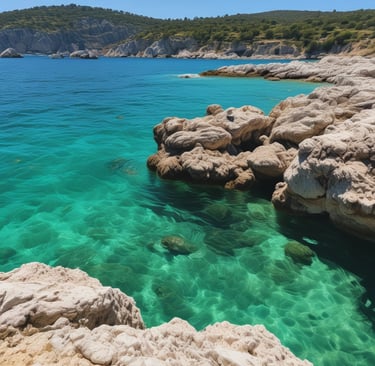 A cozy vacation house surrounded by lush greenery and palm trees with a clear blue sky.