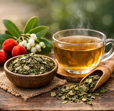 strawberry tree tea, Arbutus Unedo fruits and flowers on wooden table