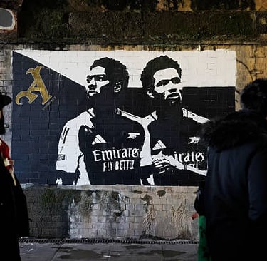 Mural of Ethan Nwaneri and Myles Lewis-Skelly outside the Emirates Stadium