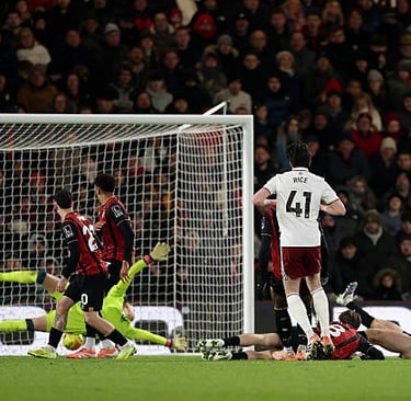 Declan Rice scores for Arsenal in a 3-2 Premier League win against Bournemouth