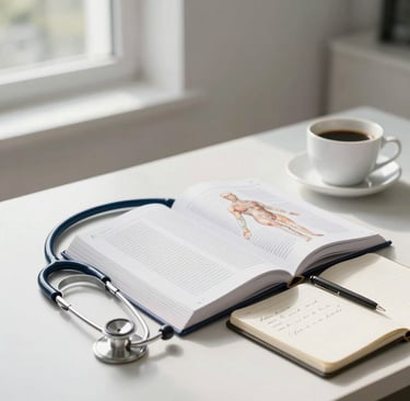 Elegant high-end editorial photography of an organized medical student study desk in France. A modern stethoscope lies beside a clean, open anatomical textbook, a stylish notebook with handwriting, and a cup of black coffee. Soft natural morning light coming through a tall window, creating gentle shadows. The color palette features soft whites, slate grey, and hints of deep sky blue. Academic, professional, and peaceful mood.
