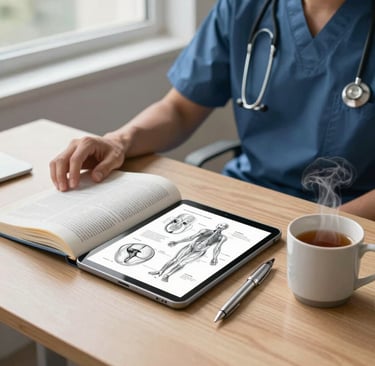 Clean, academic photograph of a modern medical student's study space in France. On a light oak desk, a classic textbook on human anatomy lies open next to a neat digital tablet displaying detailed medical diagrams, a sophisticated silver pen, and a ceramic mug with steaming tea. Soft, natural daylight from a large window illuminates the scene, casting gentle shadows. Minimalist, high-end editorial style with colors like soft slate blue, ivory, and deep navy.