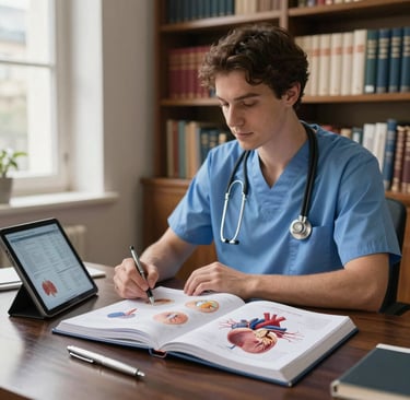 An elegant photography of a modern medical student study setup in Paris, France. On a dark wood desk sits an open anatomy textbook with detailed colored diagrams of the cardiovascular system, a sleek tablet showing medical charts, and a silver pen. In the soft-focus background, an organized bookshelf with medical volumes is lit by warm, ambient daylight filtering through a large window. The color palette features deep slate, soft sky blue, and clean white, creating a highly focused, premium academic atmosphere.