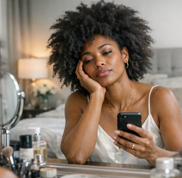 Une femme portant une coiffure afro naturelle regarde son téléphone intelligent assise devant un mir