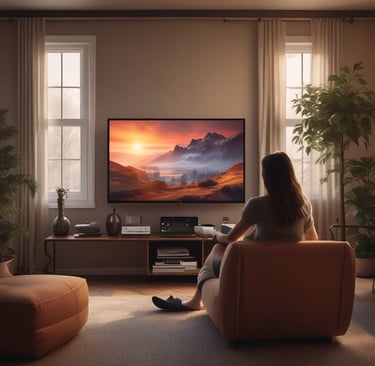 A vibrant collage of digital entertainment platforms including movies, games, and music apps.