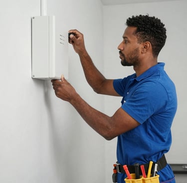 A sleek modern living room illuminated by blue neon smart lighting with connected devices visible