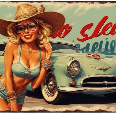 a woman in a bikinisuit and a hat on a vintage car