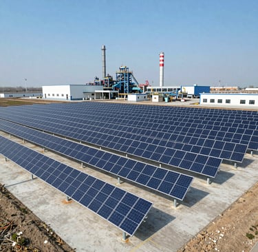 Wide shot of the clean, modern K2A Industries facility with solar panels.