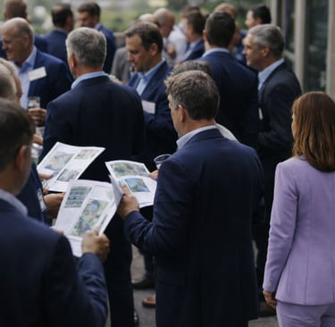 A woman in a lavender suit stands at the edge of a mining conference crowd, surrounded by men in navy blazers.