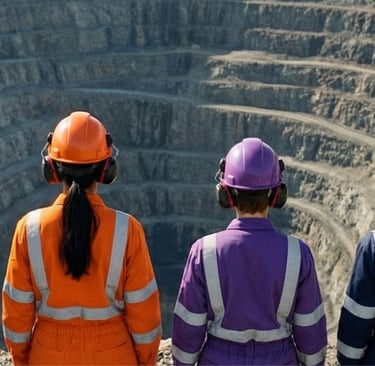 Four women in hard hats and high-visibility coveralls overlook a large open-pit mine, seen from behind.