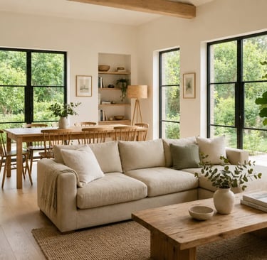 Zona living stile moderno, divano beige chiaro con penisola, tavolo da pranzo e tavolino da salotto in legno naturale