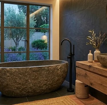 Bagno spa con vasca in pietra naturale, mobile in legno massello e vista sul giardino