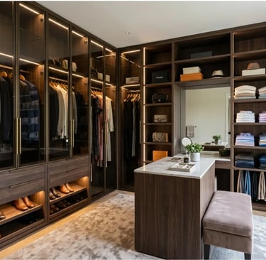 Cabina armadio elegante in legno scuro con led ricavata con cartongesso alle spalle del letto